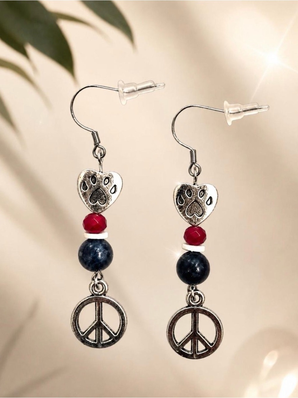 🐾 Silver Earrings for Dog Lovers with Red, White and Navy Beads